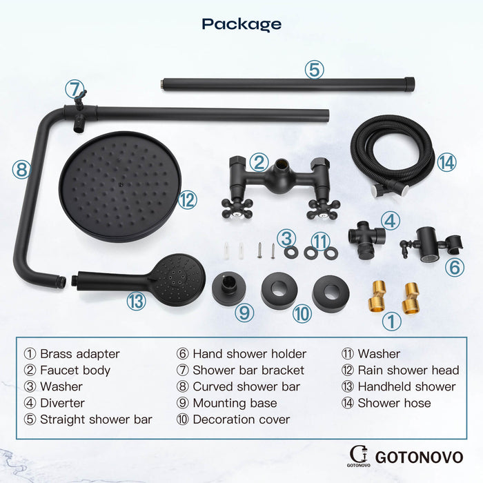 gotonovo Exposed Shower Fixture Set 8inch Rain Shower Head Double Knobs Cross Handle Dual Function Shower Faucet Combo Set