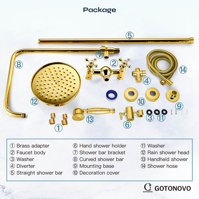 gotonovo Exposed Shower Fixture Set 8inch Rain Shower Head Double Knobs Cross Handle Dual Function Shower Faucet Combo Set