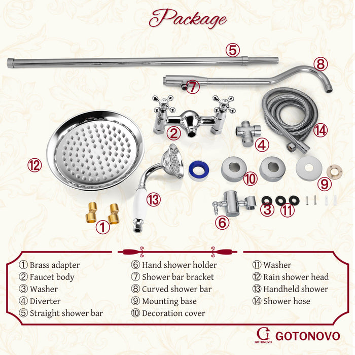 gotonovo Exposed Shower Faucet System 8inch Rain Shower Double Knobs Cross Handle Dual Function Shower Fixture Combo Unit Set