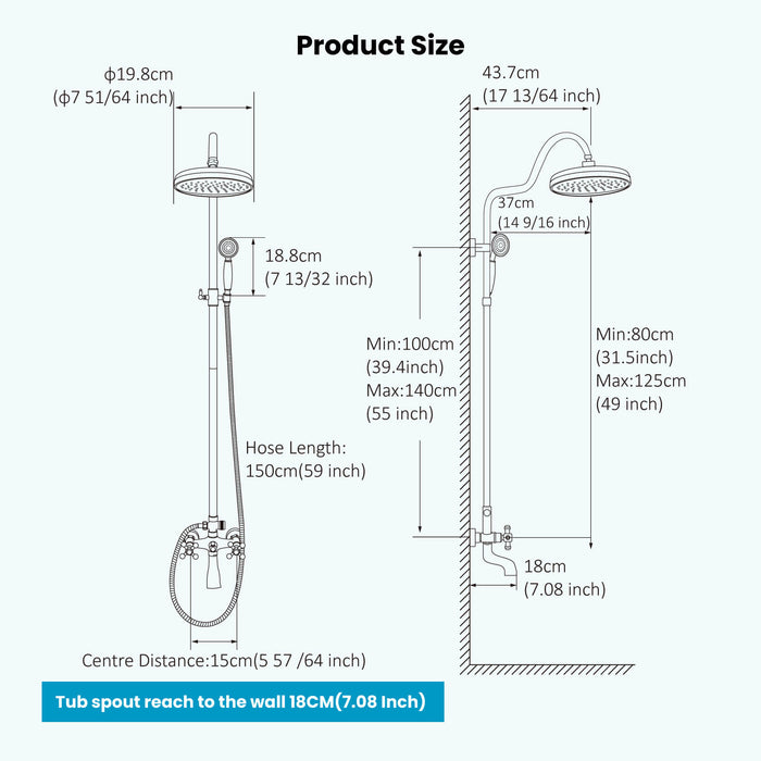 Gotonovo Exposed Shower System Wall Mounted Triple Function 8 Inch Rainfall Shower Head with Handheld and Tub Spout Double Cross Handles