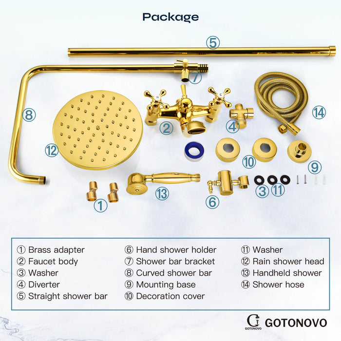 gotonovo Exposed Shower Set 8inch Top Shower Double Knobs cross Handle with Tub Spout Triple Function Shower Fixture System Set