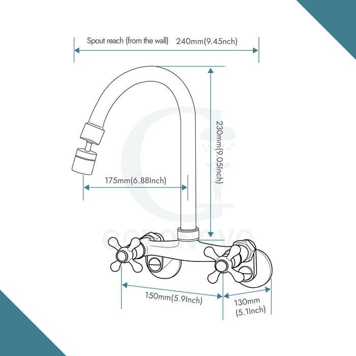 Gotonovo Aanrechtkraan Wandmontage 6 Inch+8inch Midden Verstelbare Gatafstand Keuken Wandkranen 360 Graden Draaibare Uitloop Dubbele Kruisgrepen 