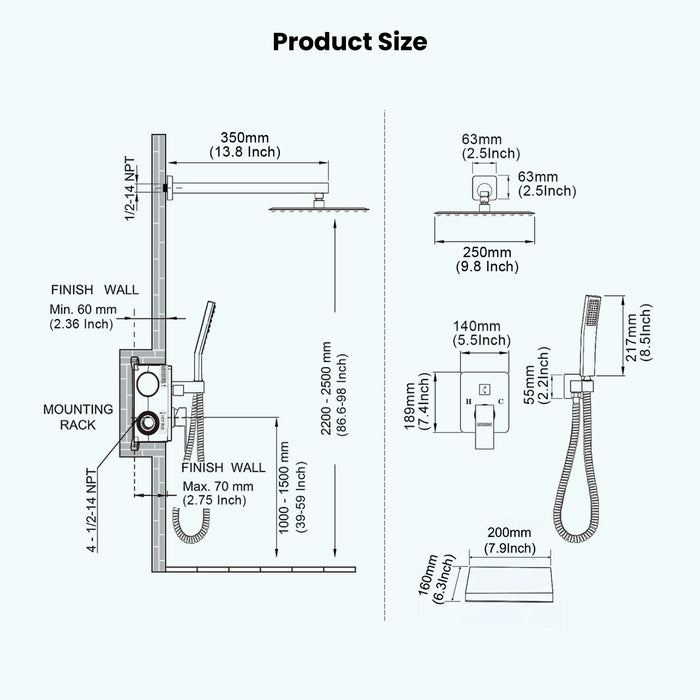 Gotonovo Rain Shower Combo Set with Waterfall Tub Spout, Square Rainfall Shower Head with Handheld Spray Pressure Balance Rough-in Valve and Trim Included