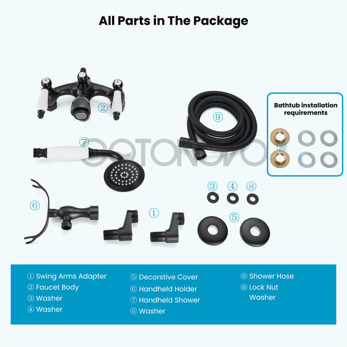 Gotonovo Clawfoot Bathtub Faucet Wall Mount Hand Held Shower Faucet Set Double Lever Handle with 6 Inch Center with Adapter Adjustable Swing Arms