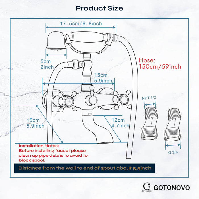 gotonovo Wall Mount Bathroom Bathtub Faucet Set Vintage with Hand Held Shower Spray Double Cross Handle 2 Functions 360 Swivel Mixer Tub Spout