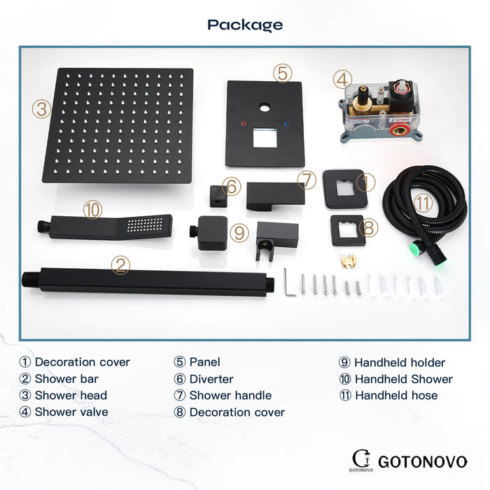 gotonovo Matzwart regendouchesysteem, plafondmontage, 12 inch douchekop met handsproeier, luxe hogedrukdouchecombinatieset, inbouwkraan en doucherand inbegrepen, dubbele functie 