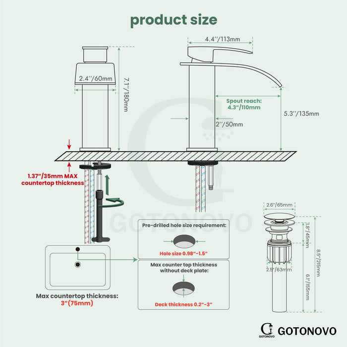 gotonovo Waterfall Bathroom Sink Faucet Deck Mount 304 Stainless Steel 1 Hole Single Handle Hot and Cold Mixer Tap(2 styles-without Pop Up Drain & with Pop Up Drain)