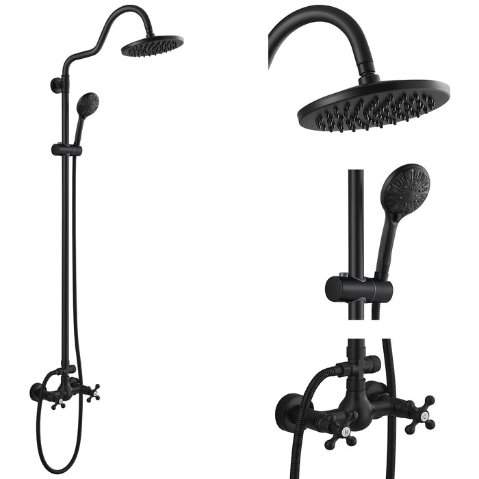 gotonovo Bathroom Exposed Shower System Set 8 Inch Rainfall Shower Head With 2 Double Knobs Cross Handle With 2 Function 8 Modes ABS Handheld Sprayer Wall Mount Shower Faucet