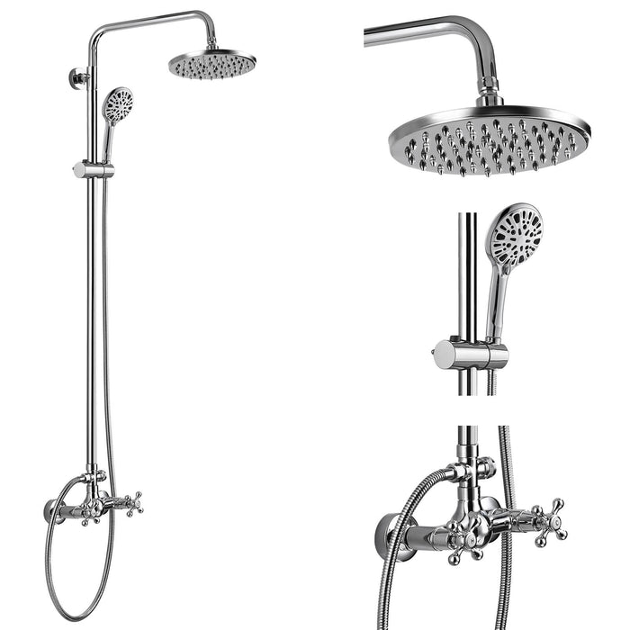 gotonovo Exposed Shower Faucet 8 inch Round Rainfall Shower Head Wall Mounted Double Cross Handles with 8 Modes ABS Handheld Sprayer Dual Function Shower Fixture Set