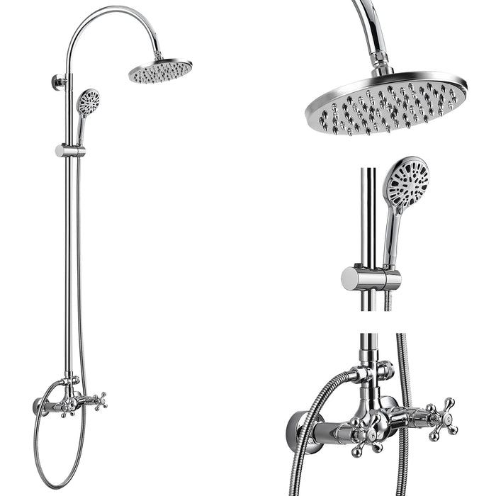 gotonovo Exposed Shower Faucet 8 inch Rainfall Shower Head Wall Mounted Double Cross Handles with ABS Handheld Sprayer Bathroom Shower System