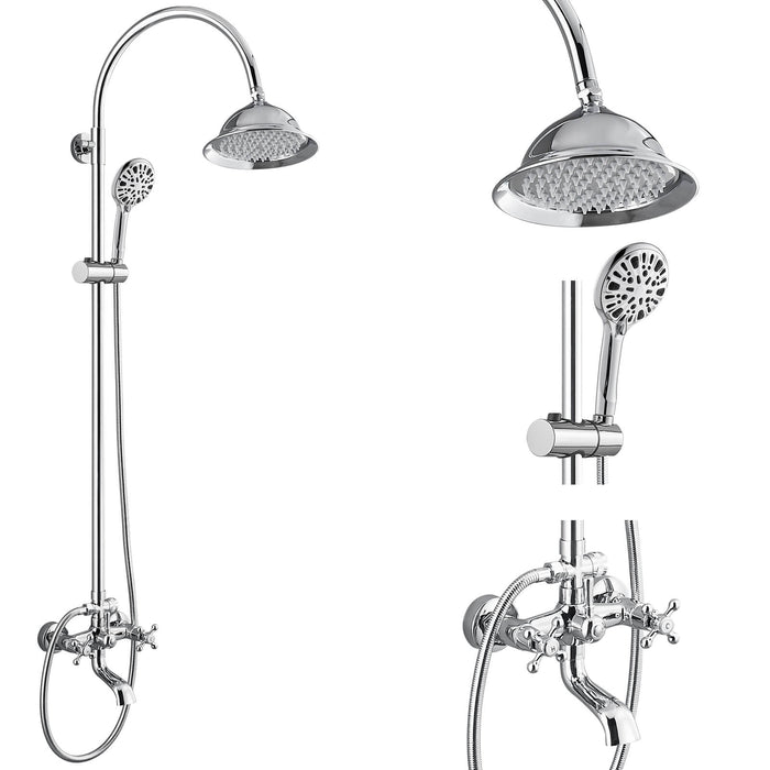 gotonovo Exposed Shower Faucet 8 inch Round Rainfall Shower Head Wall Mounted Double Cross Handles with 8 Modes ABS Handheld Sprayer Dual Function Shower Fixture Set