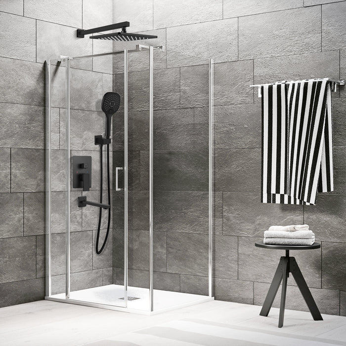 Gotonovo Matzwart douchesysteem 3-functiemengkraan Douchebadcombinatieset 9 inch Wandgemonteerde regendouche ABS Handdouche Badkamer Luxe regen-inbouwklep en afwerkingsset met badkuipuitloop 