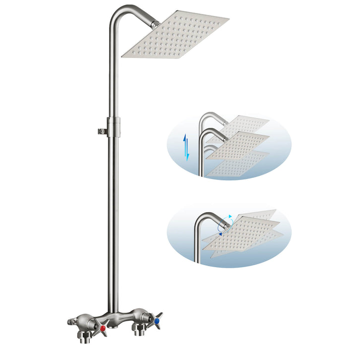 gotonovo Outdoor Shower Kit 6 Inch Square Shower Head Wall Mount Exposed Shower Fixture with Adjustable Slide Bar Double Cross Handles Brass Mix Valve Bathroom Shower Faucet Set