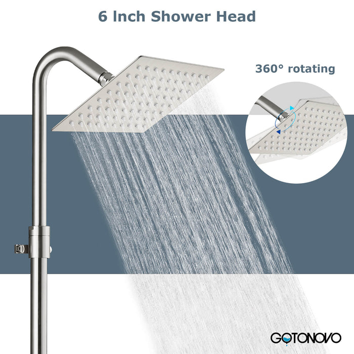 gotonovo Outdoor Shower Kit 6 Inch Square Shower Head Wall Mount Exposed Shower Fixture with Adjustable Slide Bar Double Cross Handles Brass Mix Valve Bathroom Shower Faucet Set