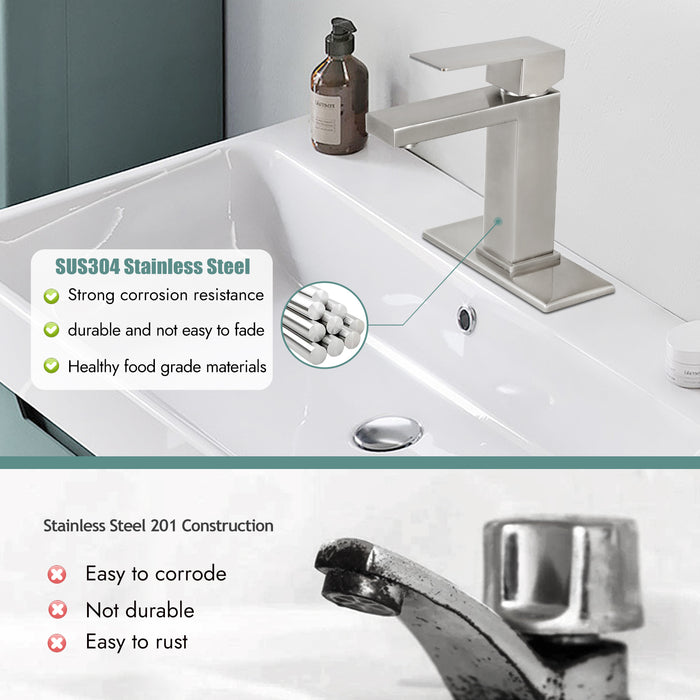 gotonovo Brushed Nickel SUS304 Stainless Steel Bathroom Faucet Single Handle 1 Hole Basin Mixer Tap Deck Mount Vessel Sink Faucets Lavatory Vanity（Drain Not Included）