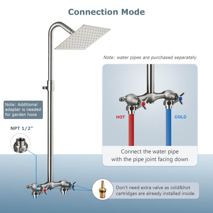 gotonovo Outdoor Shower Kit 6 Inch Square Shower Head Wall Mount Exposed Shower Fixture with Adjustable Slide Bar Double Cross Handles Brass Mix Valve Bathroom Shower Faucet Set