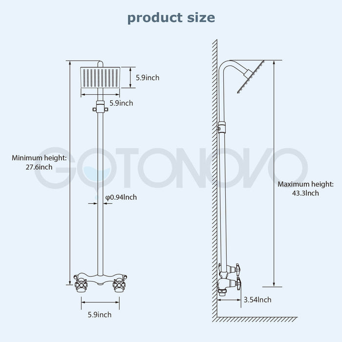 gotonovo Outdoor Shower Kit 6 Inch Square Shower Head Wall Mount Exposed Shower Fixture with Adjustable Slide Bar Double Cross Handles Brass Mix Valve Bathroom Shower Faucet Set