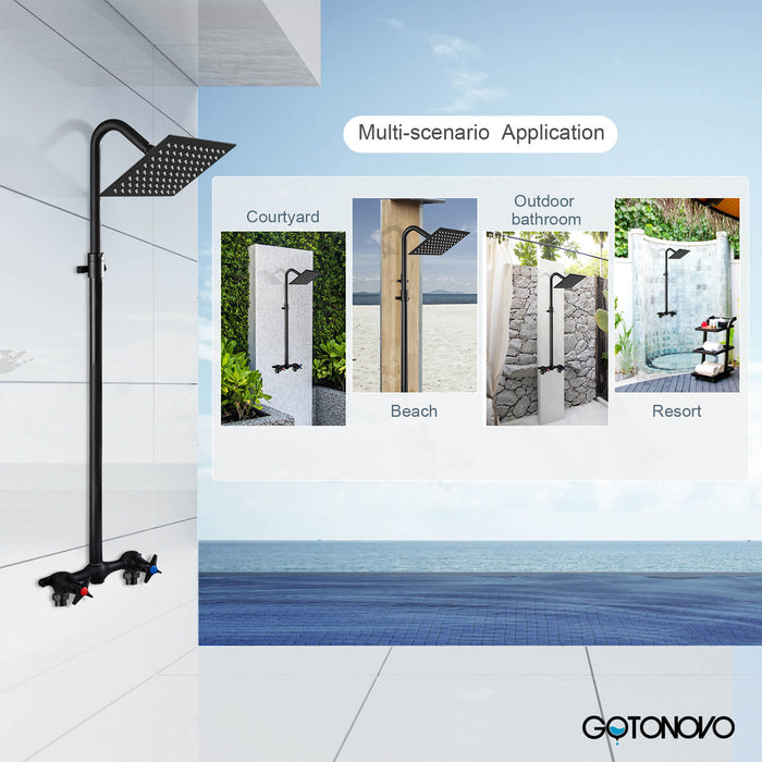 gotonovo Outdoor Shower Kit 6 Inch Square Shower Head Wall Mount Exposed Shower Fixture with Adjustable Slide Bar Double Cross Handles Brass Mix Valve Bathroom Shower Faucet Set