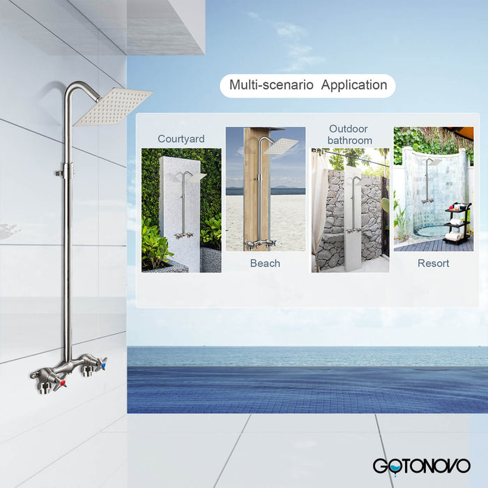 gotonovo Outdoor Shower Kit 6 Inch Square Shower Head Wall Mount Exposed Shower Fixture with Adjustable Slide Bar Double Cross Handles Brass Mix Valve Bathroom Shower Faucet Set