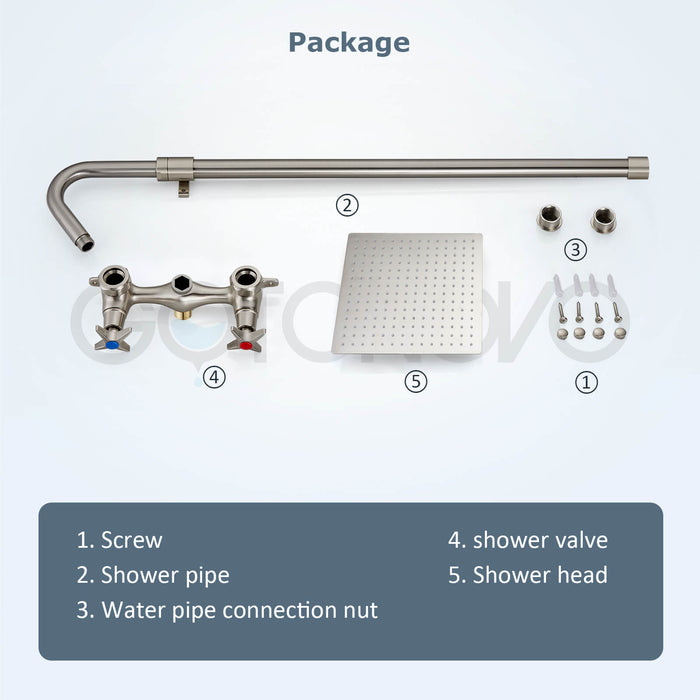 gotonovo Outdoor Shower Kit 6 Inch Square Shower Head Wall Mount Exposed Shower Fixture with Adjustable Slide Bar Double Cross Handles Brass Mix Valve Bathroom Shower Faucet Set