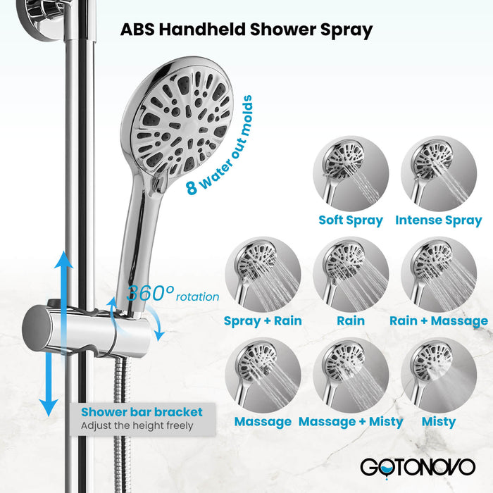 Gotonovo Exposed Shower System Thermostatic 8’’ Round Shower Head with Height Adjustable Slide Bar ABS Handheld Sprayer Wall Mount Shower Fixture