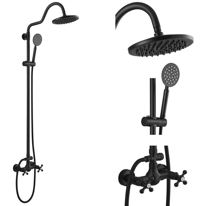 gotonovo Matte Black Brass Wall-Mount Exposed Shower System 8 inch Round Rainfall Shower Head Double Cross Handles with Handheld Sprayer 2- Function Shower Fixture Set