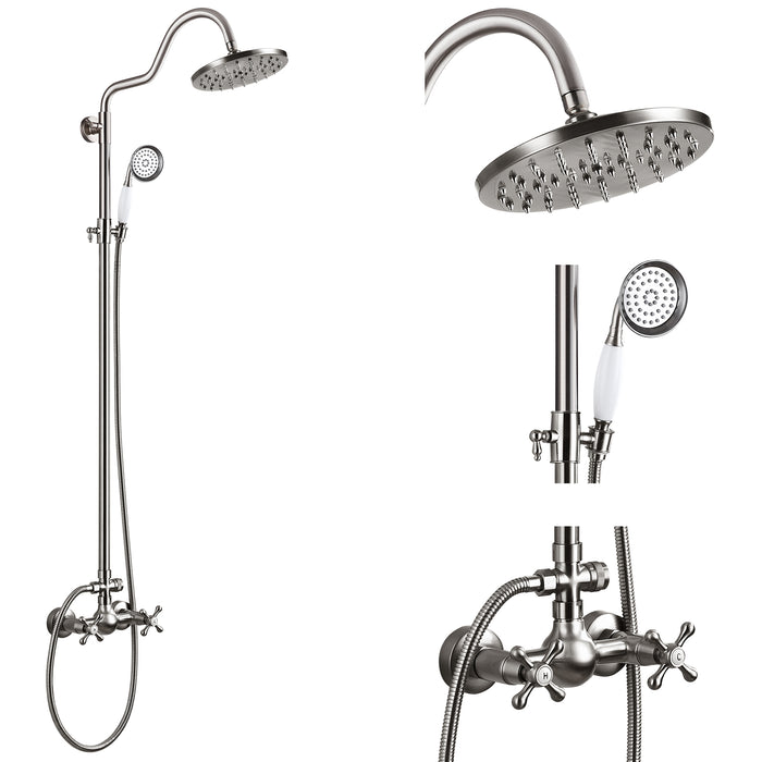 gotonovo Brass 8 Inch Rainfall Shower Head Exposed Bathroom Shower Faucet System Set With 2 Double Knobs Cross Telephone Handle 2 Function Adjustable Handheld Sprayer