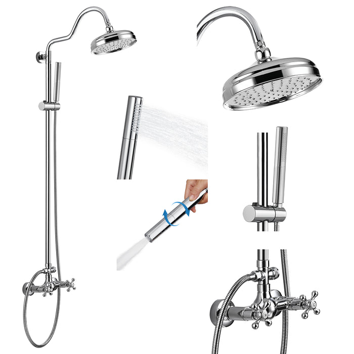 Gotonovo wandmontage zichtbare badkamerkraan 8 inch top douchekop dubbele kruisgrepen met 2 in 1 cilindrische handsproeier doucheset met dubbele functie
