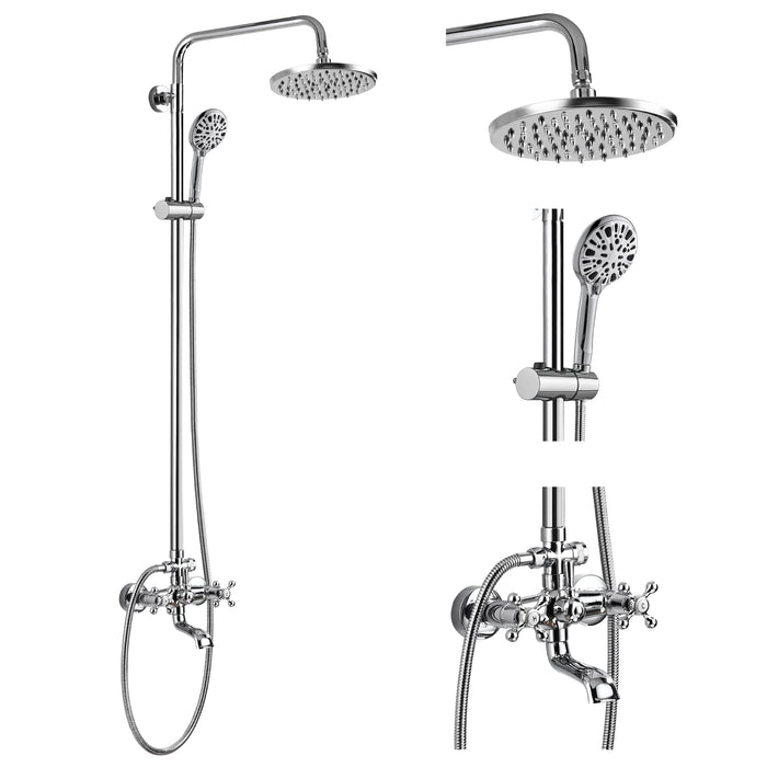gotonovo 8'' Rainfall Round Head Exposed Pipe Shower Fixture Two Cross Handles 3-Function Wall Mount with Height Adjustable Slide Bar Shower Fixture