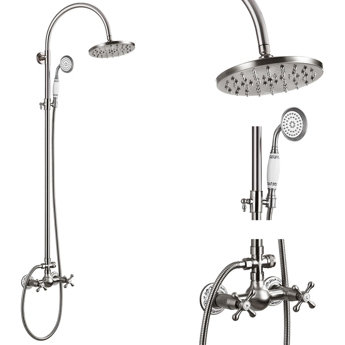gotonovo Round Shower Head Bathroom Shower Faucet with Telephone Handheld Spray 8 Inch Rainfall Exposed Shower System Dual Function Wall Mounted Double Cross Handles Shower Set