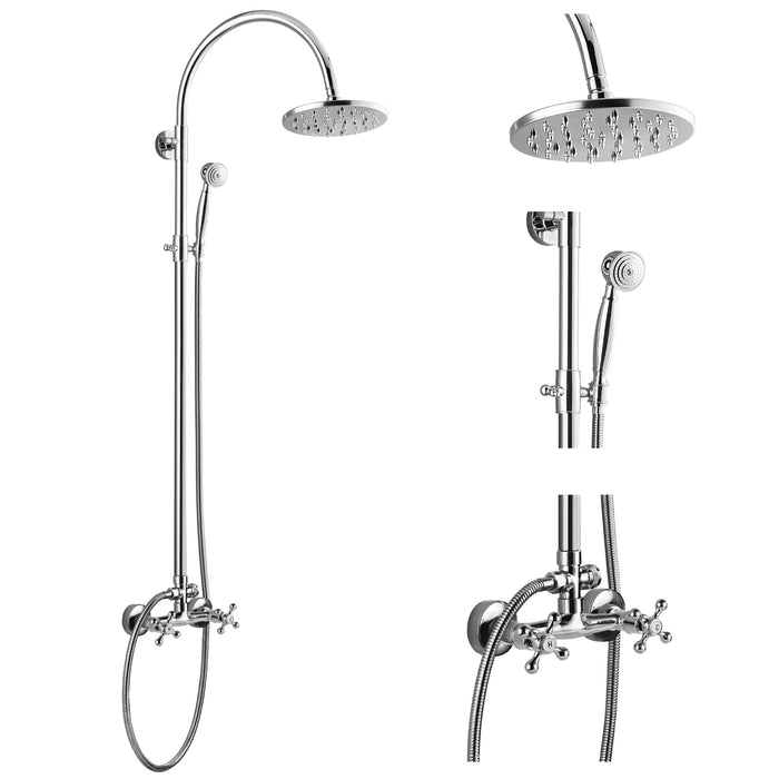 gotonovo Wall Mount Exposed Shower Faucet with 8 Inch Rainfall Shower Head Set Adjustable Handheld Sprayer with 2 Double Knobs Cross Handle 2 Function Bathroom Shower System