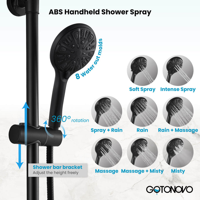 Gotonovo Exposed Shower System Thermostatic 8’’ Round Shower Head with Height Adjustable Slide Bar ABS Handheld Sprayer Wall Mount Shower Fixture