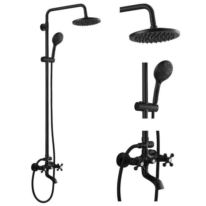 gotonovo 8'' Rainfall Round Head Exposed Pipe Shower Fixture Two Cross Handles 3-Function Wall Mount with Height Adjustable Slide Bar Shower Fixture