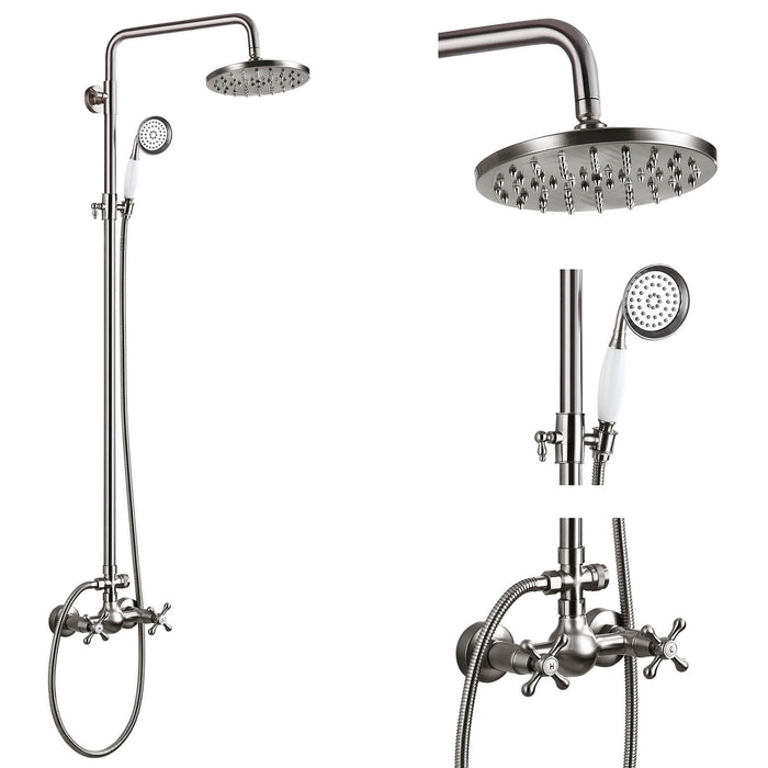 gotonovo 8 Inch Rainfall Exposed Shower System Round Shower Head Bathroom Shower Faucet with Telephone Handheld Spray Dual Function Wall Mounted Double Cross Handles Shower Fixture