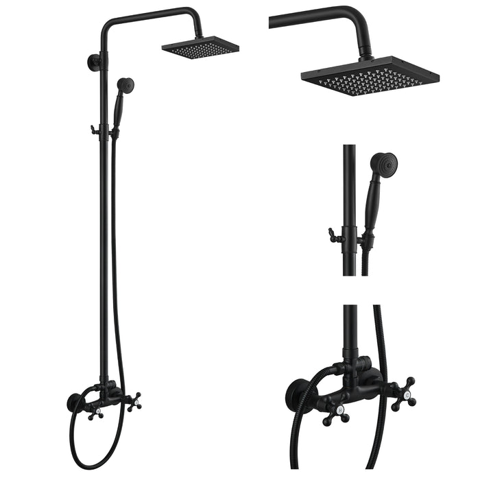 gotonovo Matte Black Outdoor Shower Fixture 8 Inch Square Rainfall Shower Head System with 2 Function Adjustment Handheld Spray with 2 Double Knobs Bathroom Wall Mount