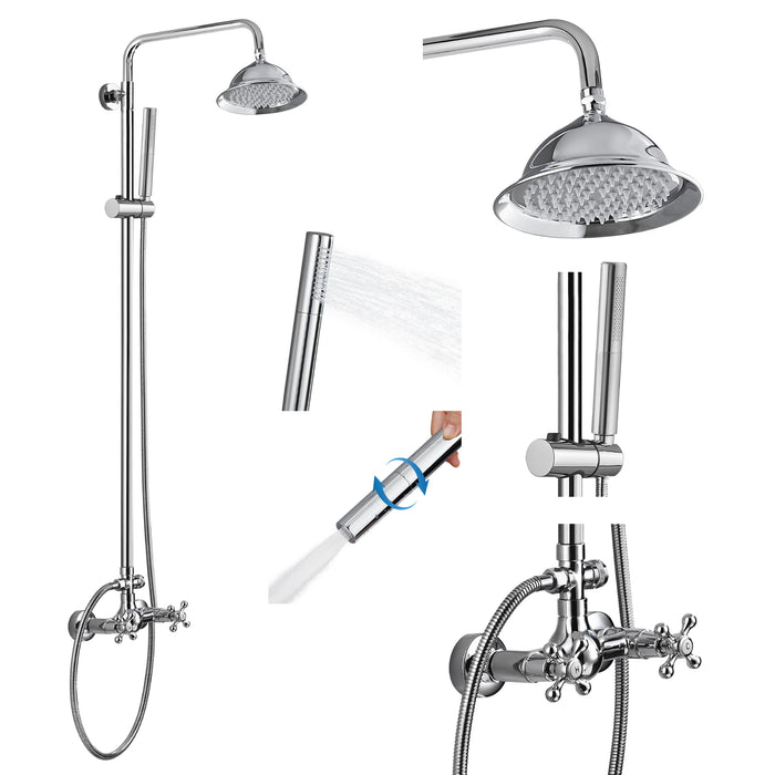 Gotonovo Wandmontage 8 inch regendouchekop Blootgestelde badkamerkraan Dubbele kruisgrepen met 2 in 1 cilindrische handsproeier Doucheset met dubbele functie