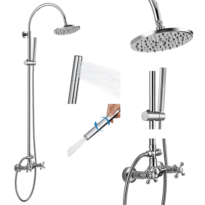 Gotonovo Luxury Exposed bathroom Faucet 8 inch Rainfall Shower Head   Dual Function Wall Mounted Double Cross Handles with 2 in 1 cylindrical Handheld Sprayer Shower Set