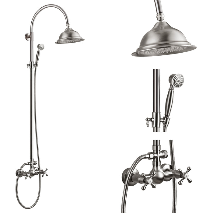 gotonovo Vintage Exposed Shower Faucet 8 inch Rainfall Shower Head Wall Mounted Double Cross Handles Handheld Sprayer Shower Shower System