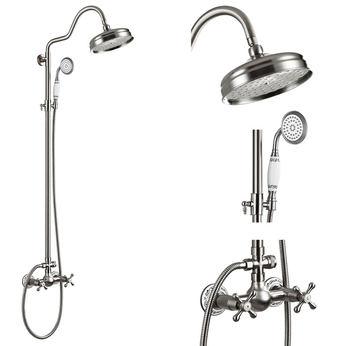 Gotonovo luxury Exposed Shower System 8 Inch Round Shower Head Dual Function Wall Mounted with Blue and White Porcelain Handheld Spray Double Cross Handles Shower Set
