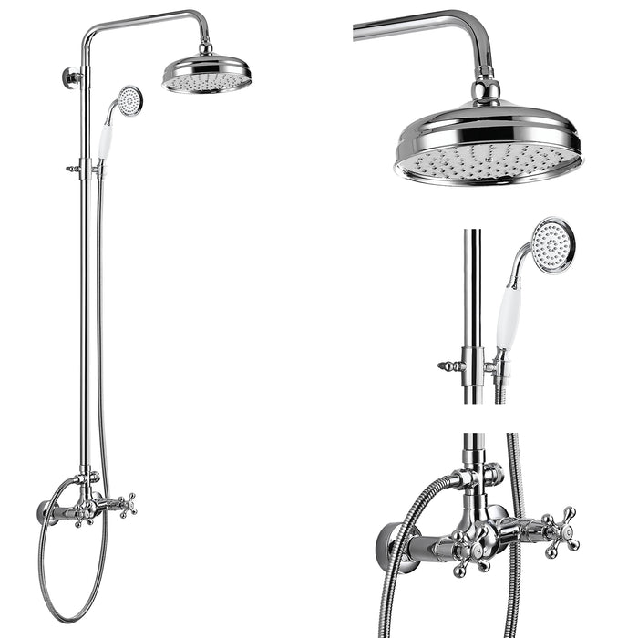 Gotonovo Dual Function Double Cross Handles Shower Fixture set Wall Mounted 8 Inch Round Shower Head Exposed Shower System with Telephone shape Handheld Spray